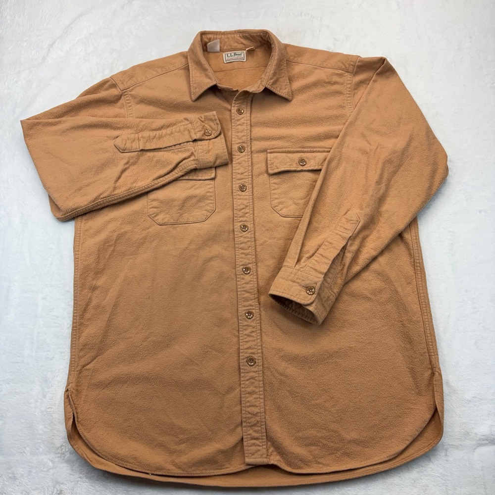 LL Bean Chamois Cloth Shirt Mens 17.5 Tall Camel Tan Cotton Made in USA Vintage
